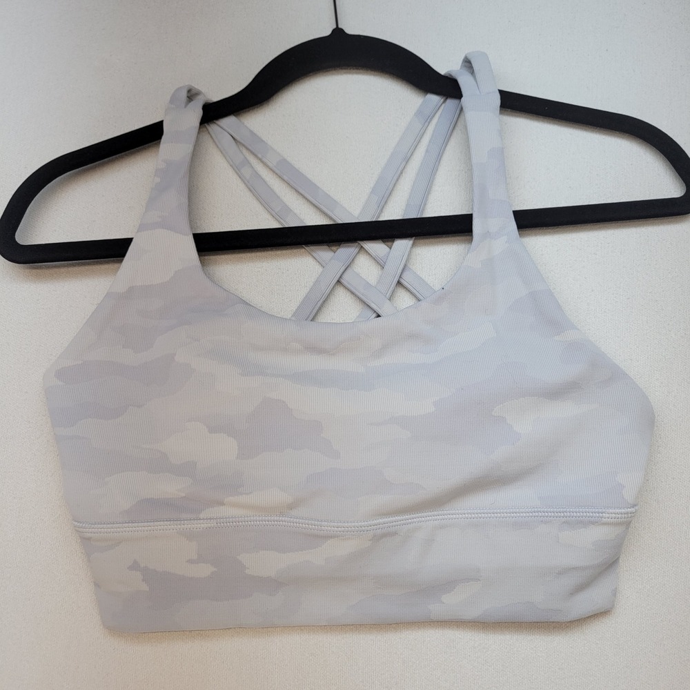 Lululemon Energy Bra Longline Women 8 Gray Camo Ribbed Strappy W2DKDS